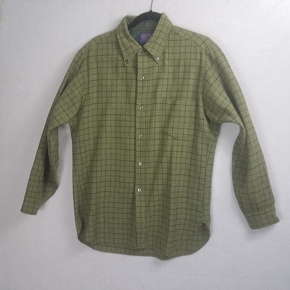 Pendleton Wool Shirt Men Large Green Grid Plaid Button Down Good Virgin Wool USA